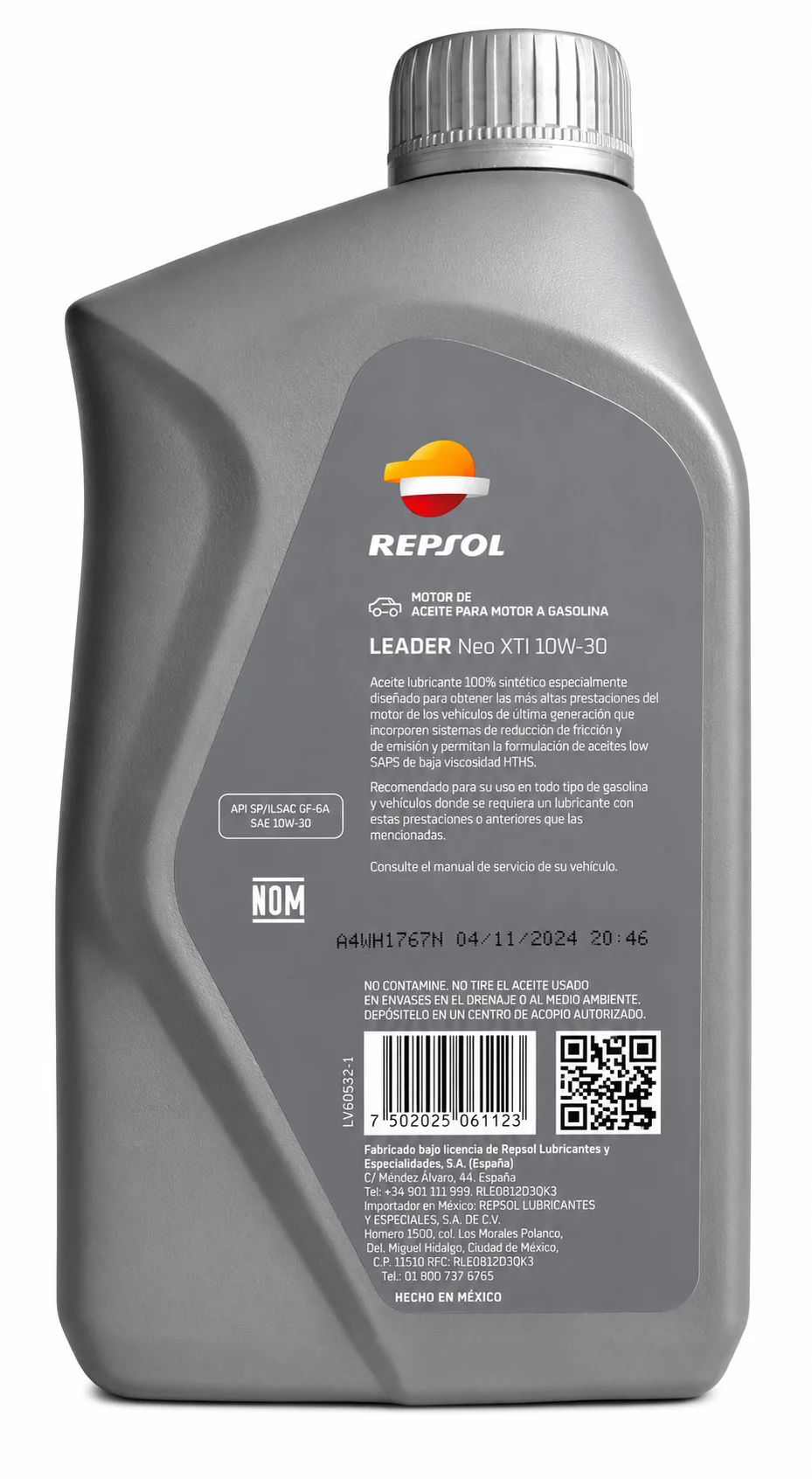 ACEITE REPSOL LEADER PARA MOTOR DE GASOLINA SAE 10W-30 SEMI SINTETICO API SP 946ml