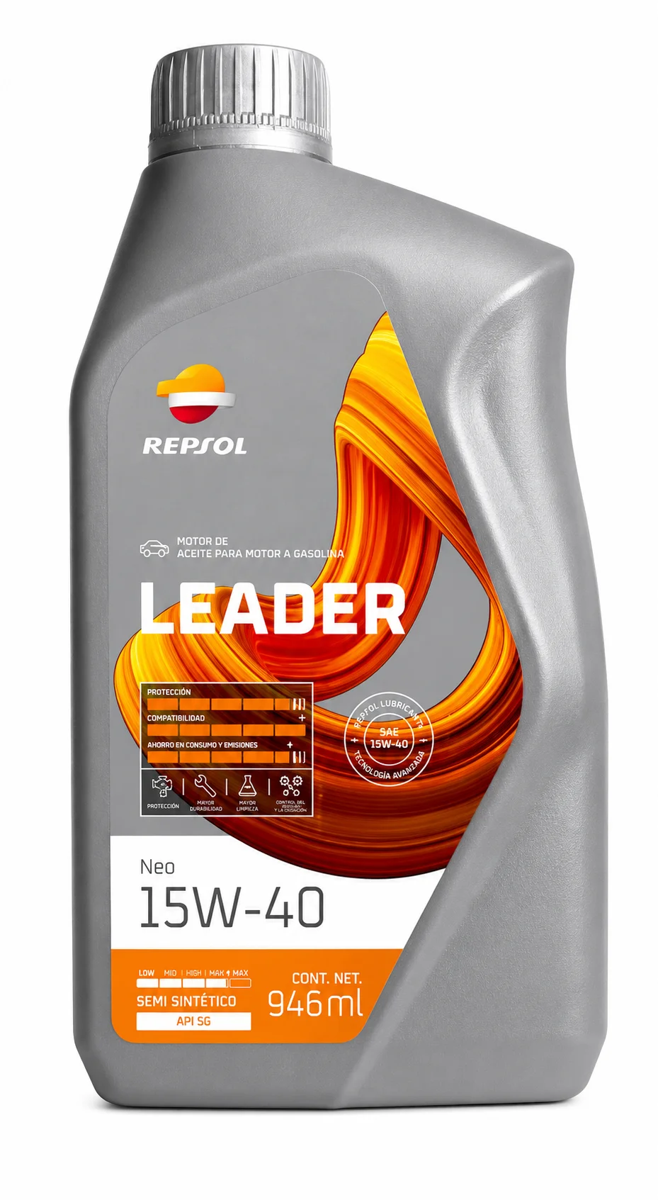 ACEITE REPSOL LEADER PARA MOTOR DE GASOLINA SAE 15W-40 SEMI SINTETICO API SQ 946ml