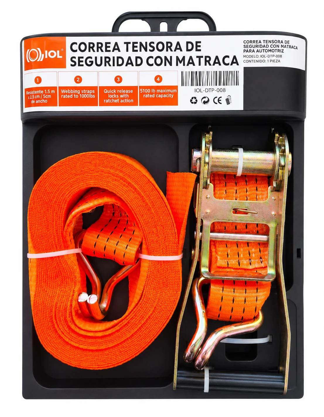 SUJETADOR C/MATRACA CORREA DE AMARRE REFORZADA GANCHO 2" x 8.10mts 5500lb P/CARGA Y TRANSPORTE IOL-DFF-008
