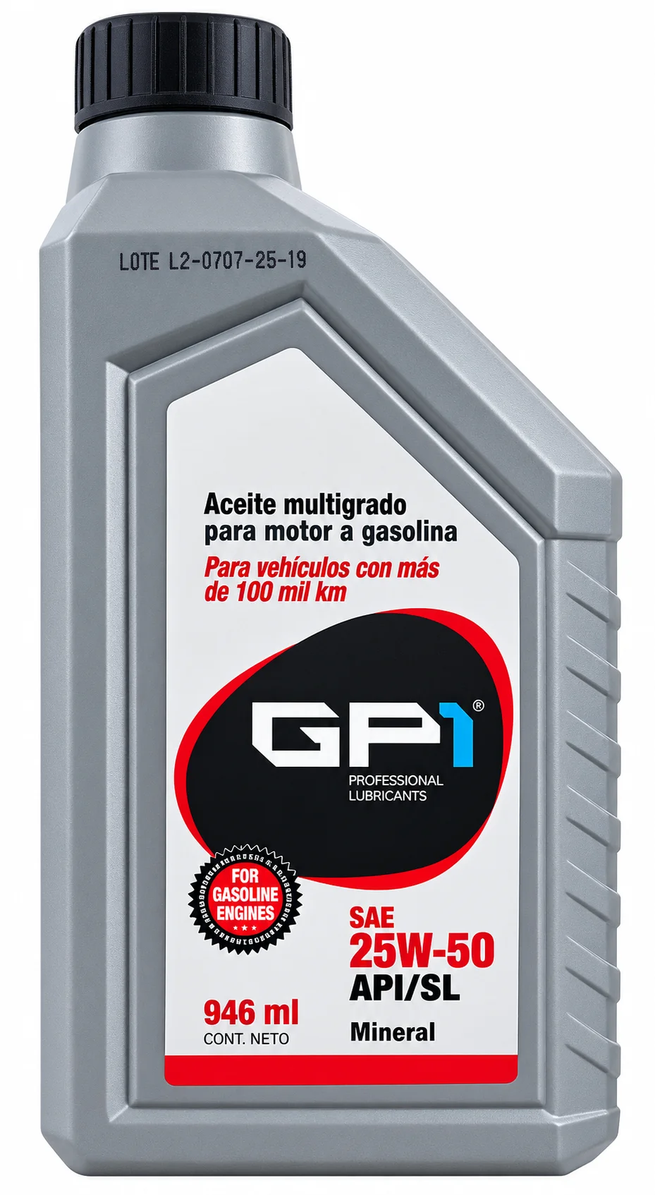 ACEITE GP1 MULTIGRADO MINERAL SAE 25W-50 API SL PARA MOTORES A GASOLINA DE ALTO KILOMETRAJE 946ml