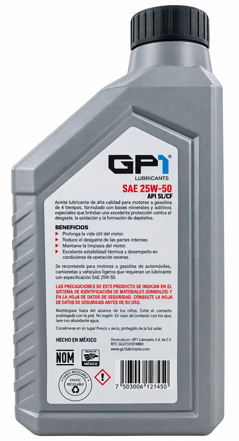 ACEITE GP1 MULTIGRADO MINERAL SAE 25W-50 API SL PARA MOTORES A GASOLINA DE ALTO KILOMETRAJE 946ml