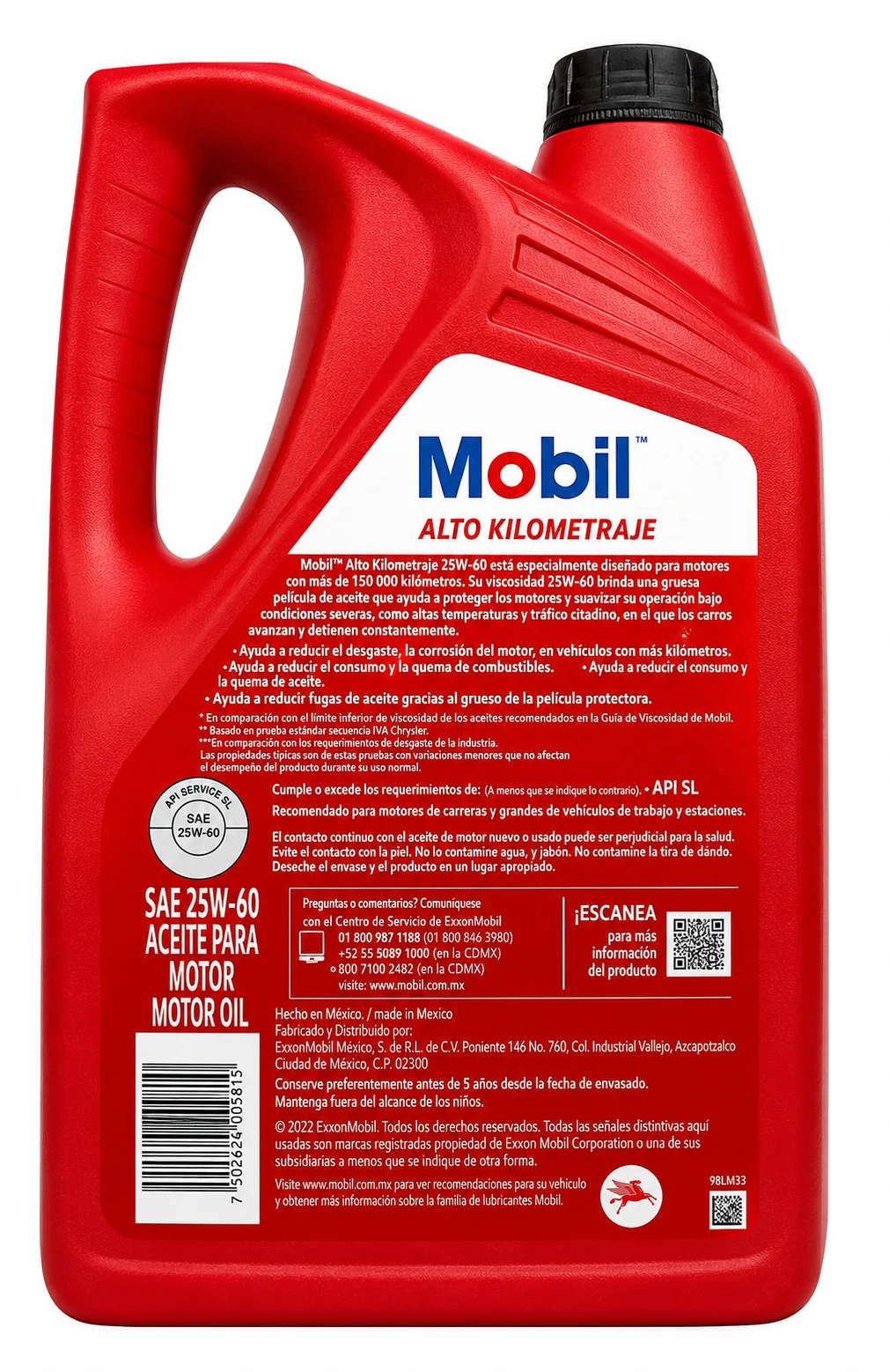 ACEITE MOBIL PARA MOTORES A GASOLINA DE ALTO KILOMETRAJE CON MAS DE 150,000km SAE 25W-60 API SL MULTIGRADO 5L