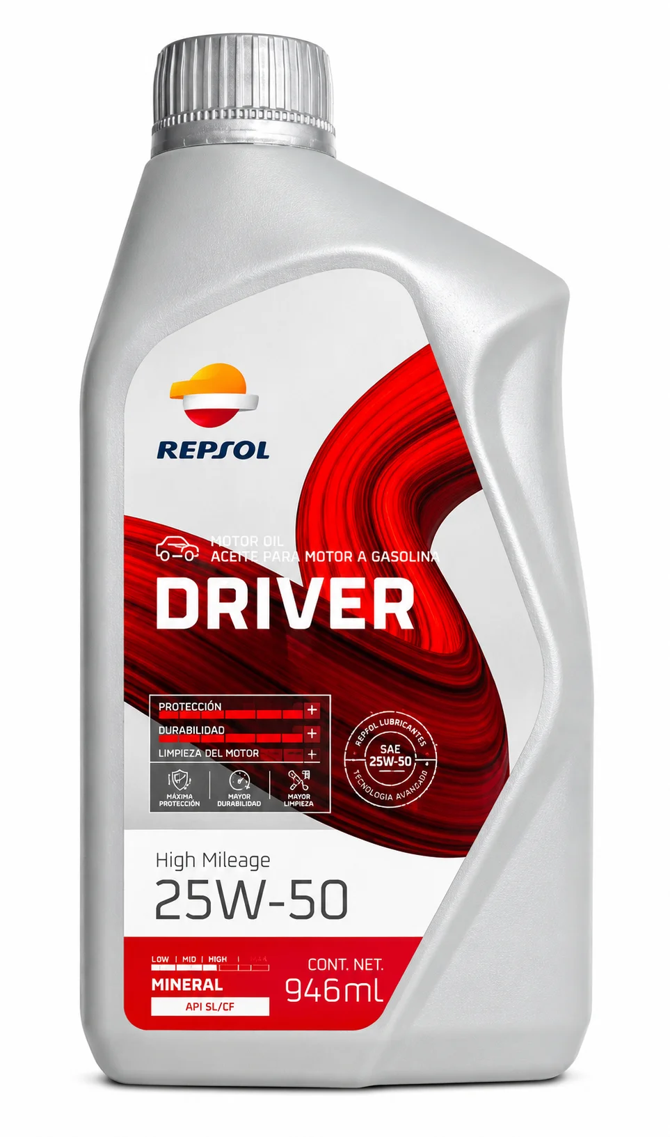 ACEITE REPSOL DRIVER PARA MOTOR DE GASOLINA HIGH MILEAGE 25W-50 MINERAL API SL 946ml