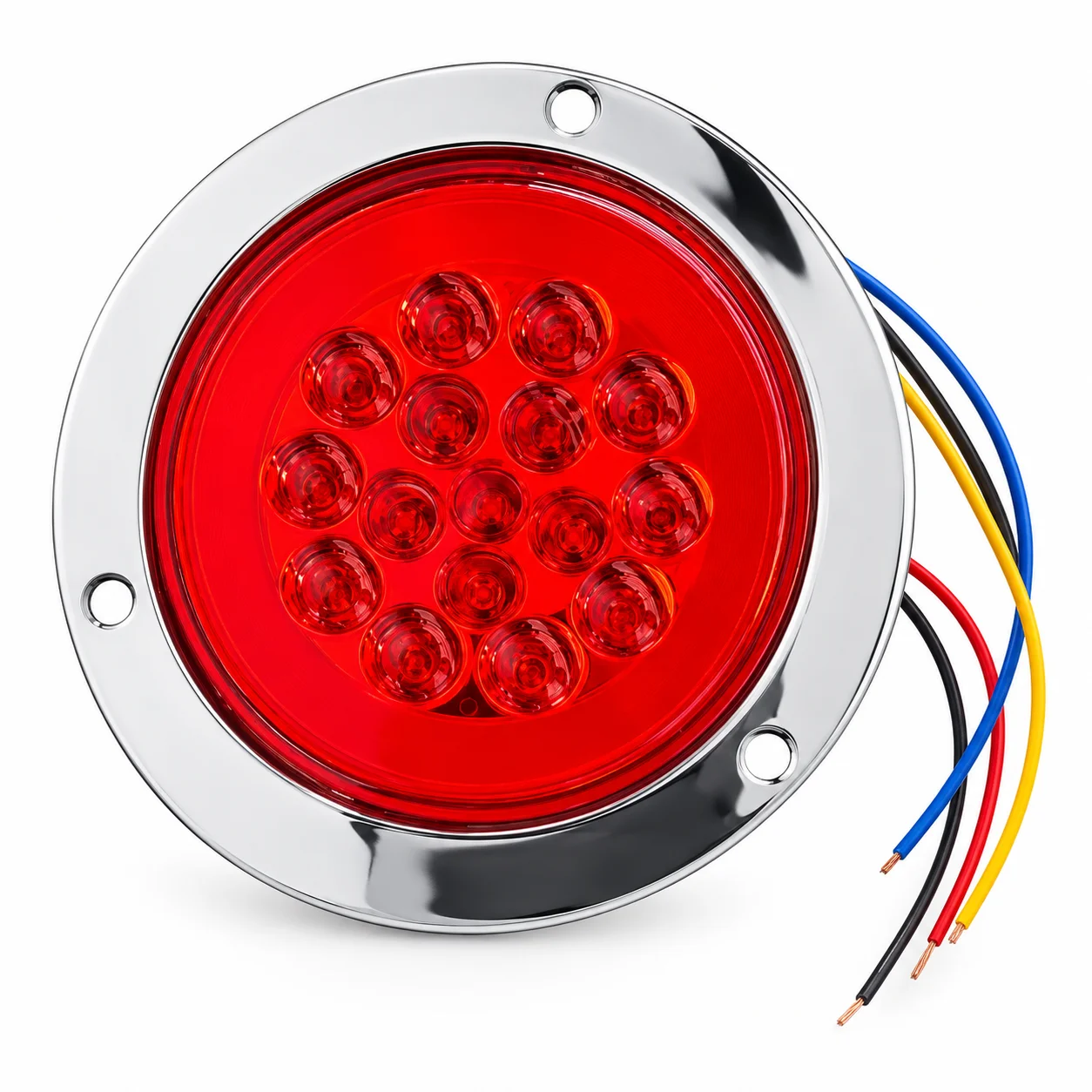 PLAFON ROJO 4" REMACHE CROMADO LUZ FIJA Y ESTROBO CON OJO DE ANGEL 4 CABLES 10-30V 4.98W IOL-LPL-116