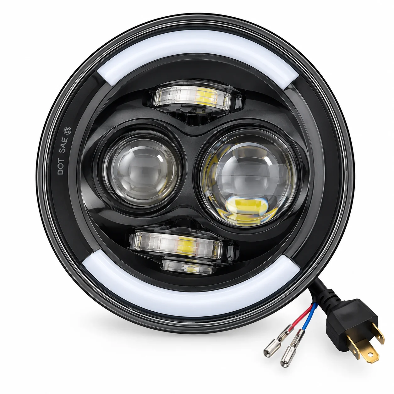 UNIDAD REDONDA 7" 6014 4 LEDS BLANCO CON LUPA CON Y MEDIO OJO DE ANGEL AMARILLO / BLANCO 9-30V 40W 6500-7000K PZA IOL-LFL-292